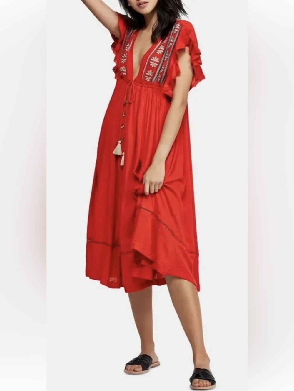 NWT FREE PEOPLE XS WILL WAIT FOR YOU BALI BOHO RED BUTTON EMBROIDERED DRESS S